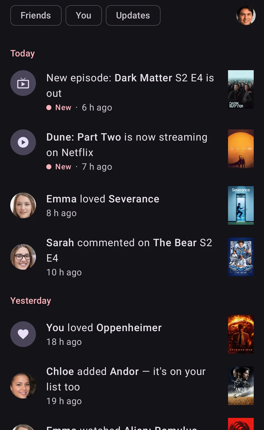 The Activity tab in OnTheList: a new episode out, a film now streaming, and what friends loved, watched and said.