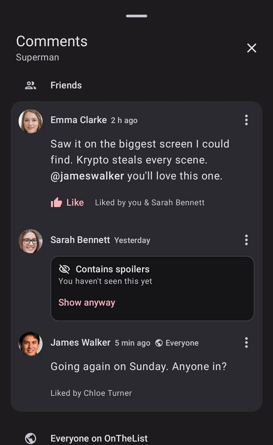 Comments on a film in OnTheList: friends' comments with a mention, and one comment covered as a spoiler until you choose to see it.