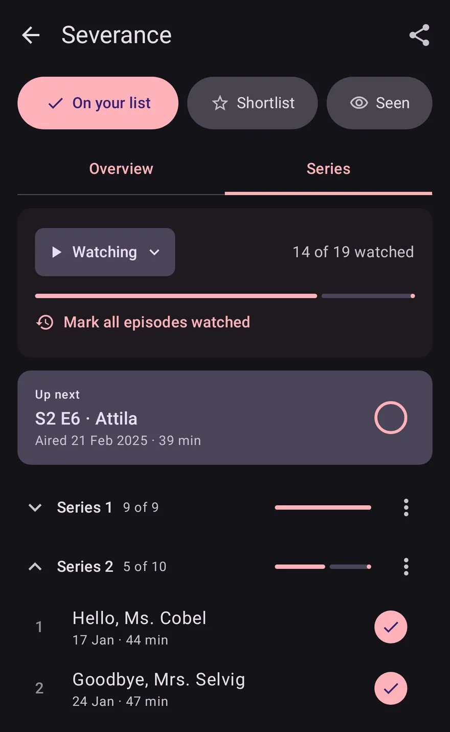 A show's Series tab in OnTheList on an Android phone, with the next episode under Up next and episodes ticked off.