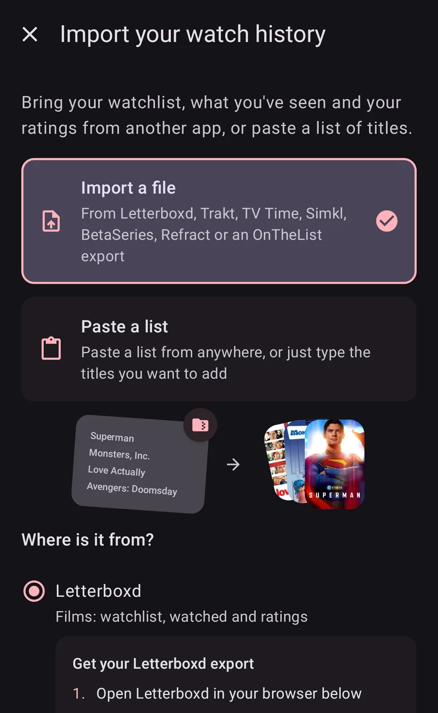 The import screen in OnTheList with Letterboxd chosen, and the steps to get your Letterboxd export.