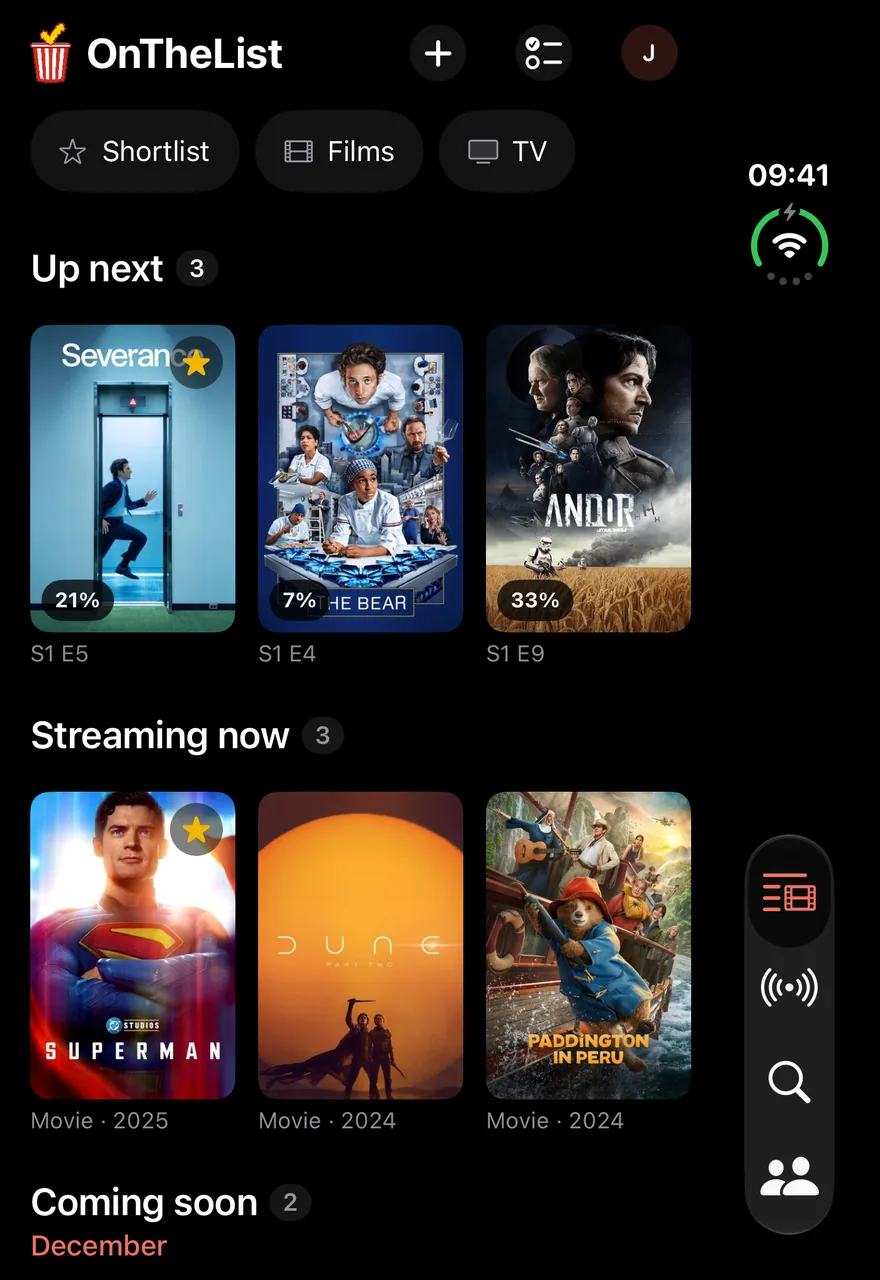OnTheList on a closed iPhone Duo: your list, with Up next and Streaming now, and the tabs down the right-hand side.