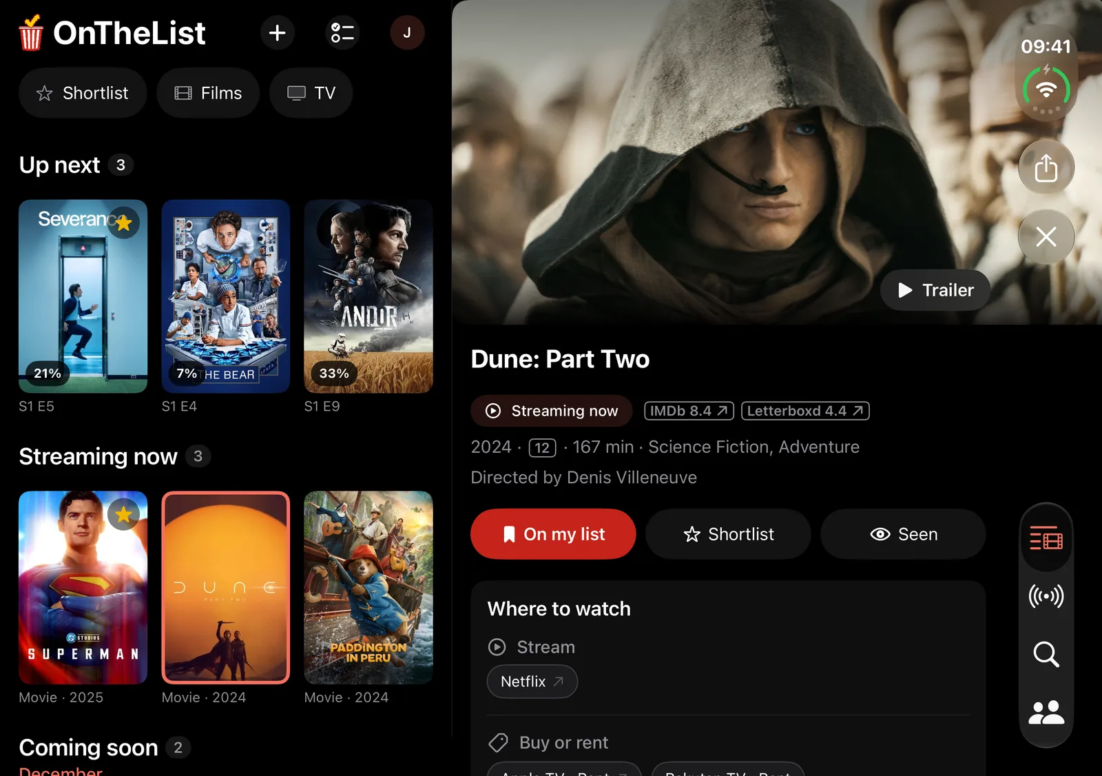 OnTheList on an open iPhone Duo: your list on one side of the fold and Dune: Part Two on the other.
