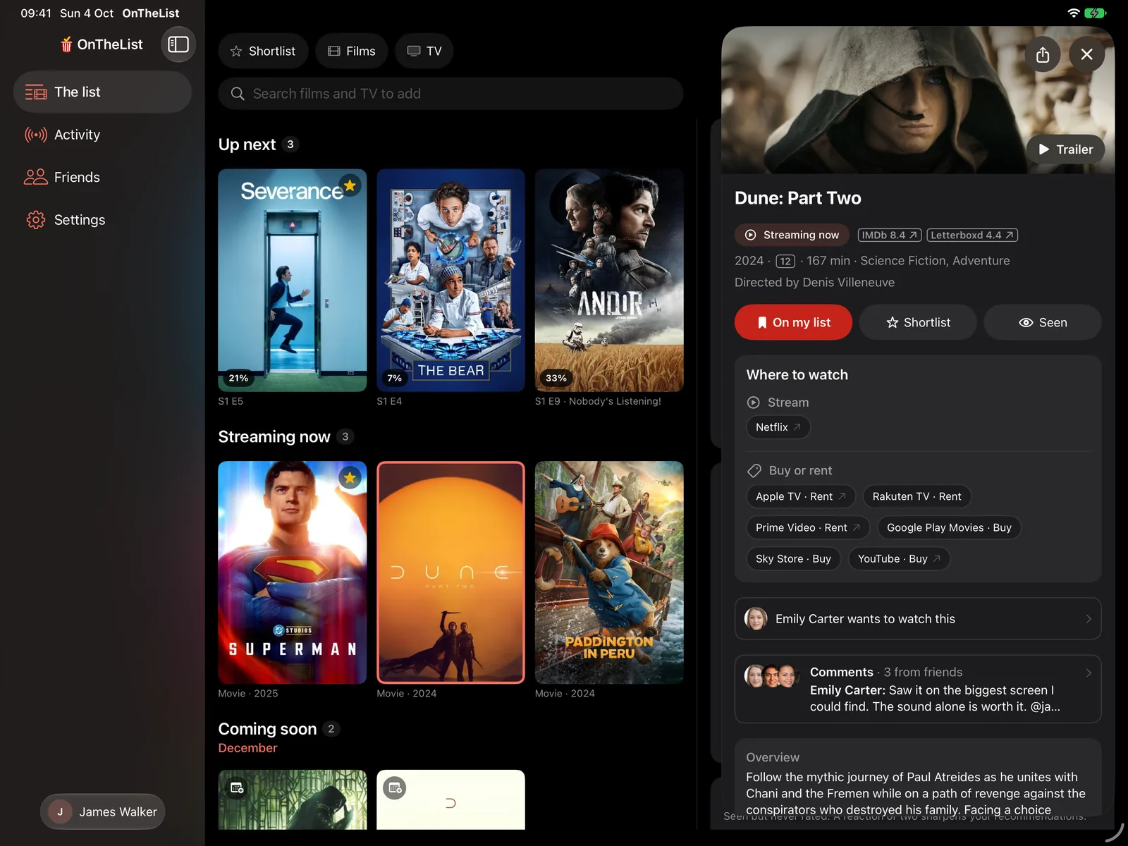 OnTheList on iPad: the sidebar, your list, and Dune: Part Two open beside it.