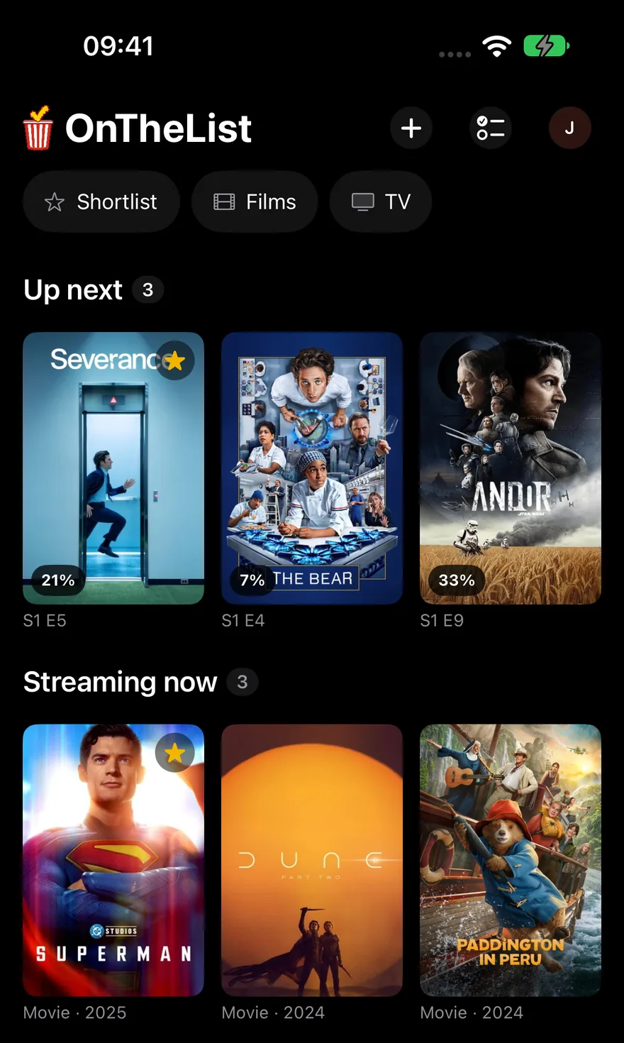 OnTheList on iPhone: your list, with Up next, Streaming now and Coming soon.