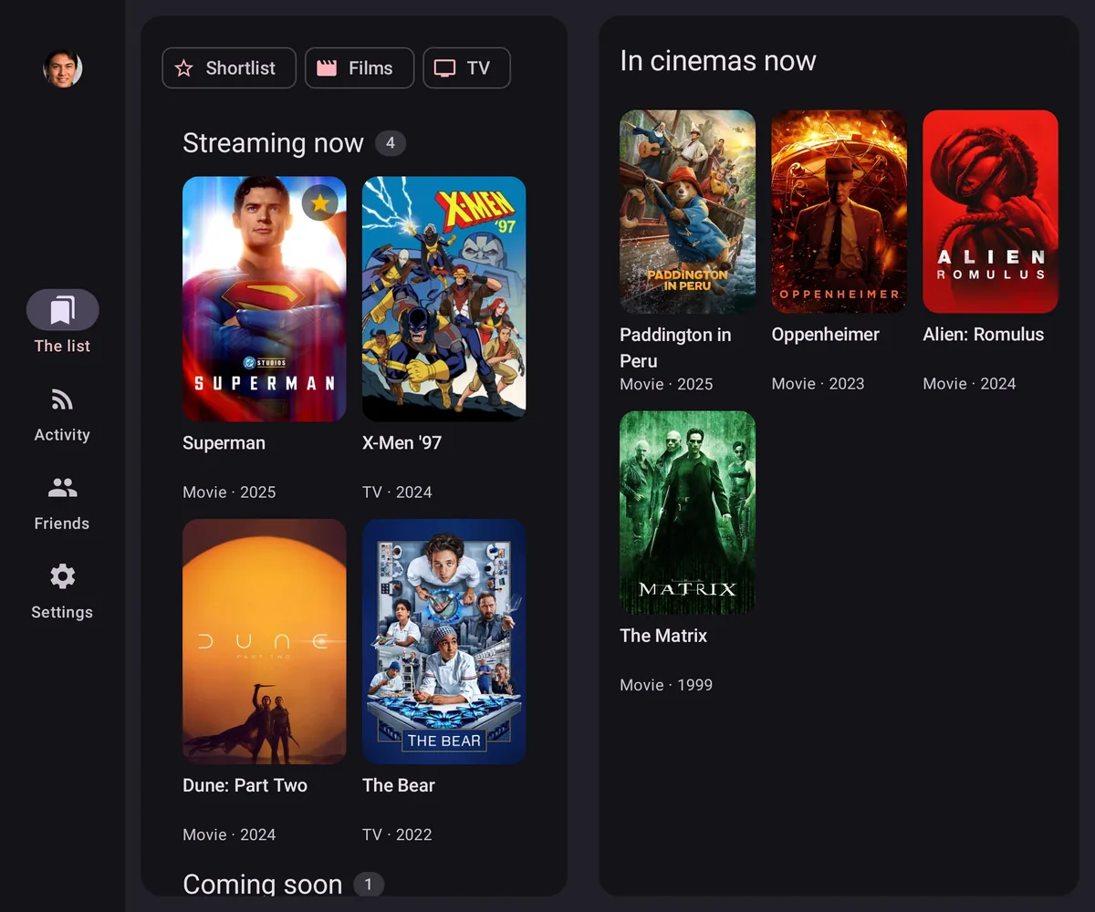 OnTheList on an open foldable: your list beside what is in cinemas now.
