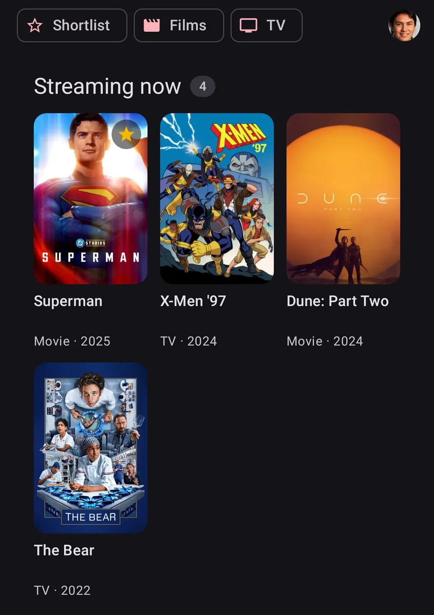 The main list in OnTheList, grouped into Streaming now and Coming soon, with filter chips for Shortlist, Films and TV.