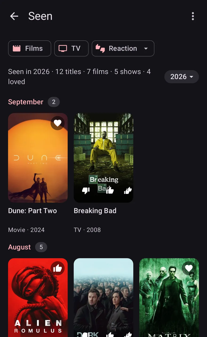 The Seen page in OnTheList: films and shows watched in 2026, grouped by month, with reactions.