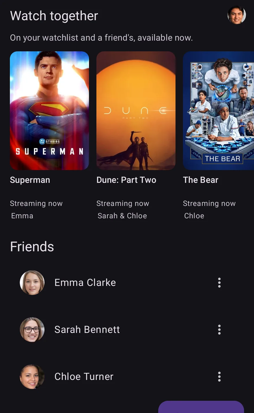 The Watch together screen in OnTheList: titles on your watchlist and a friend's that you can watch now, with your friends listed below.