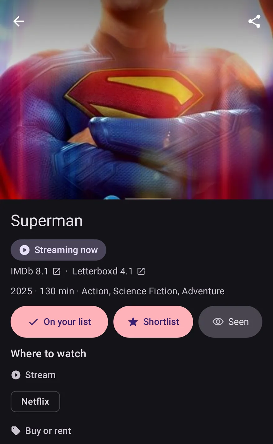 A film's page on Android, with Netflix under Stream, and Prime Video and Apple TV to rent under Buy or rent.