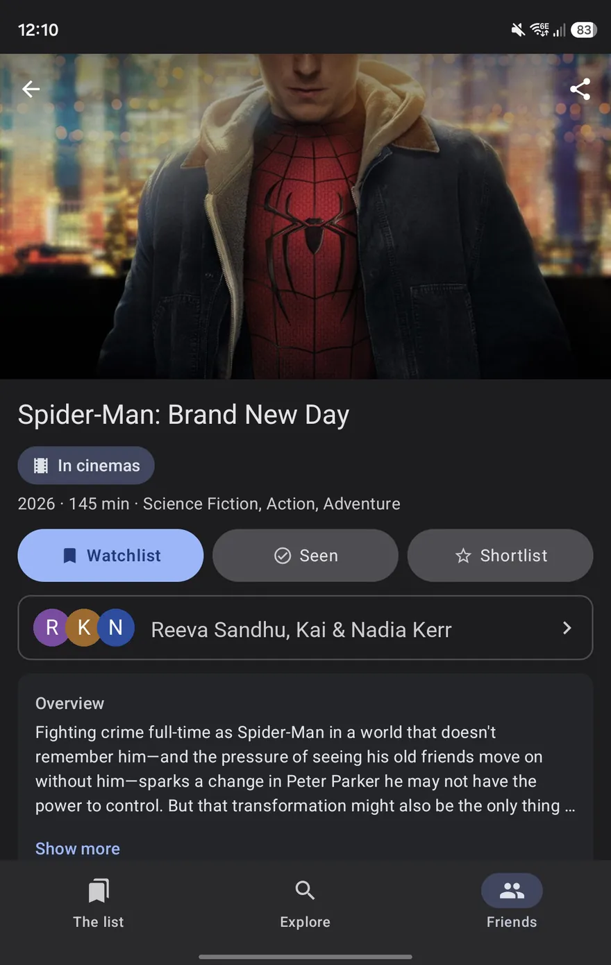 A film's page in OnTheList showing which friends also have it on their list.