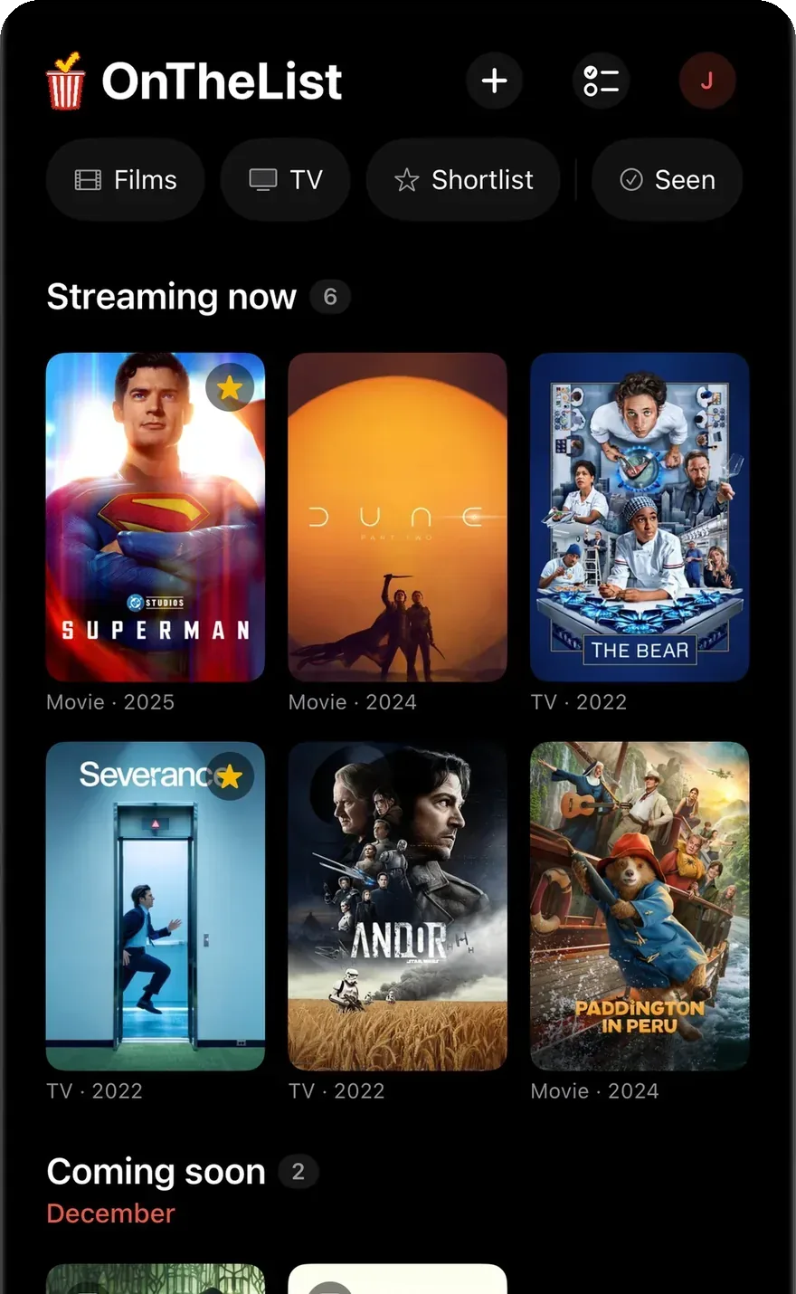 The finished list in OnTheList after an import, grouped into Streaming now and Coming soon.