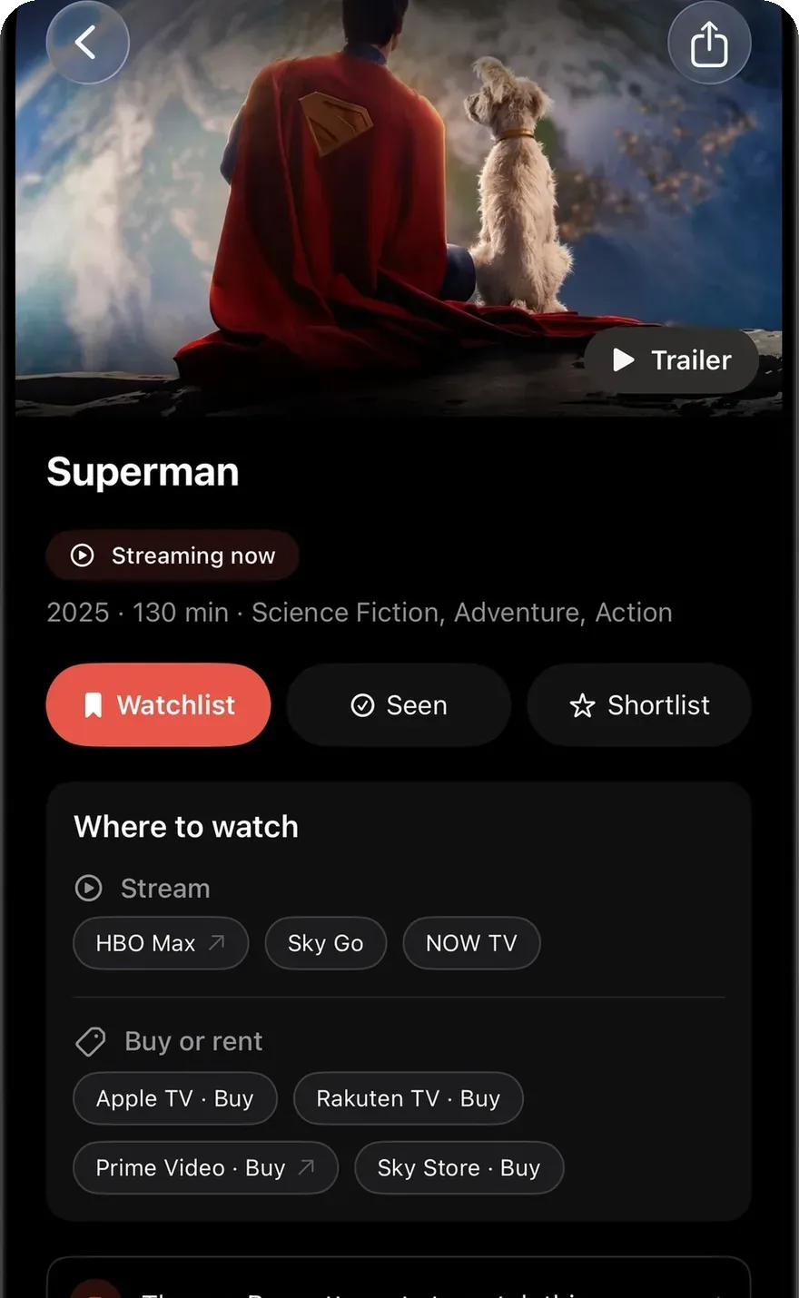 A title in OnTheList on iPhone, showing Where to watch with streaming services listed separately from Buy or rent options.