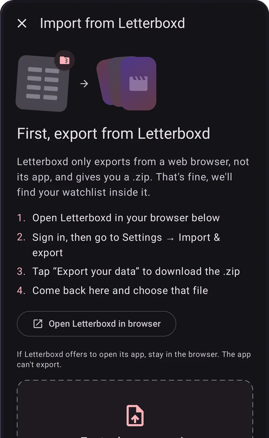 The Letterboxd import screen in OnTheList, ready to bring an exported watchlist across.