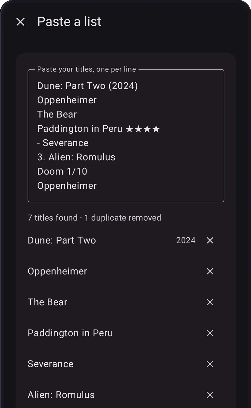 A block of pasted text in OnTheList, with the film and show titles picked out of it ready to add.
