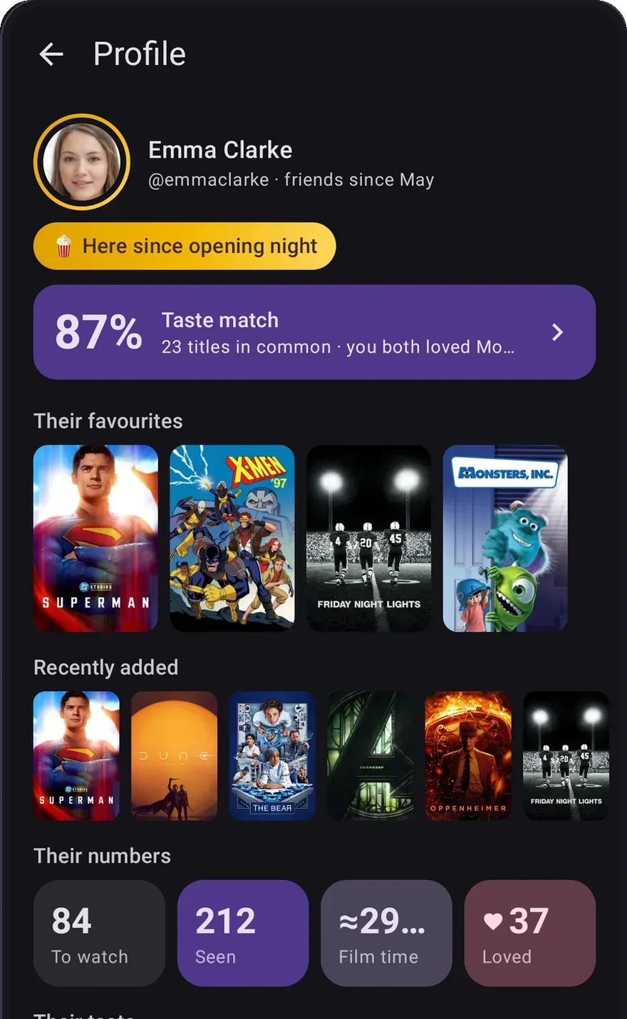 A friend's profile in OnTheList showing an 87% taste match, the titles you both have and the genres you share.
