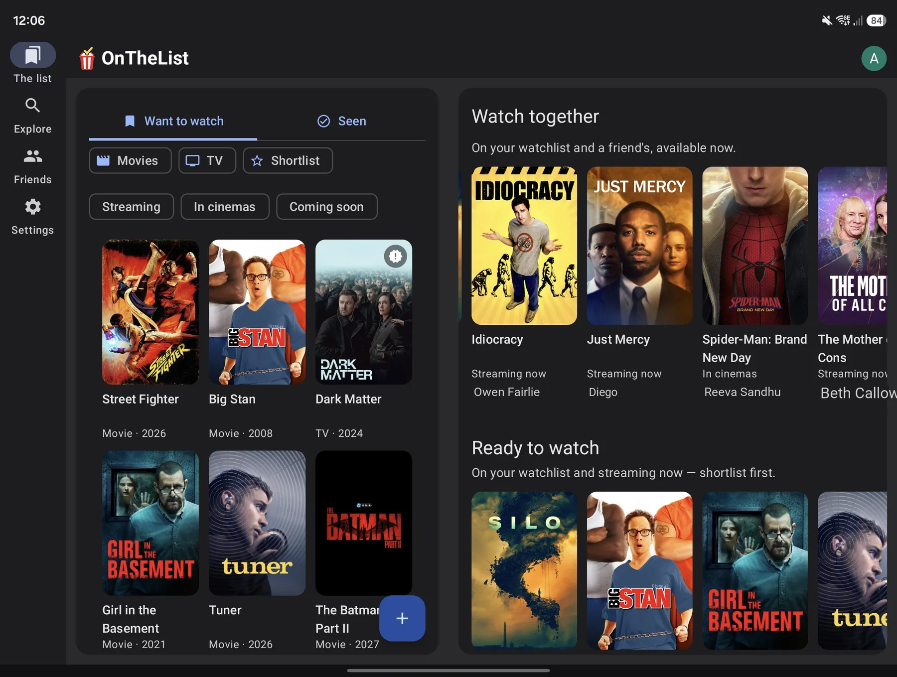 OnTheList on a large screen: the watchlist on the left, with Watch together and Ready to watch alongside it.
