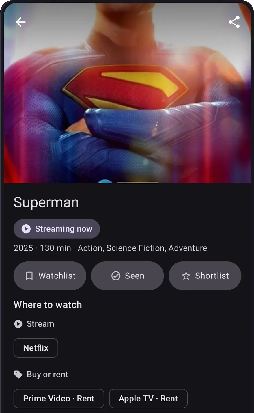 The same title on Android, with Netflix under Stream and Prime Video and Apple TV listed under Buy or rent.