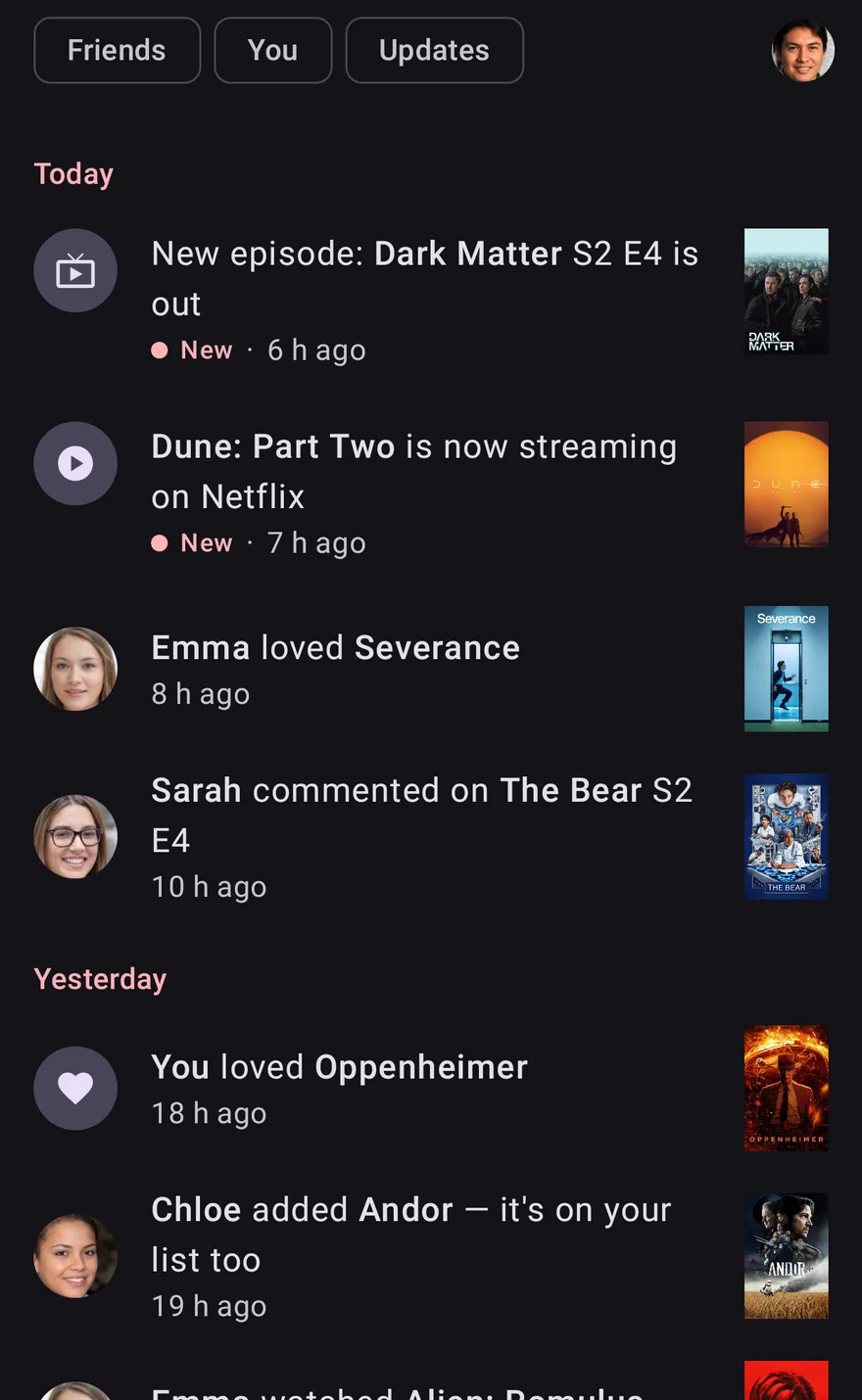 Activity on Android: a new Dark Matter episode, Dune: Part Two now streaming on Netflix, and what Emma, Sarah and Chloe loved, said and added.