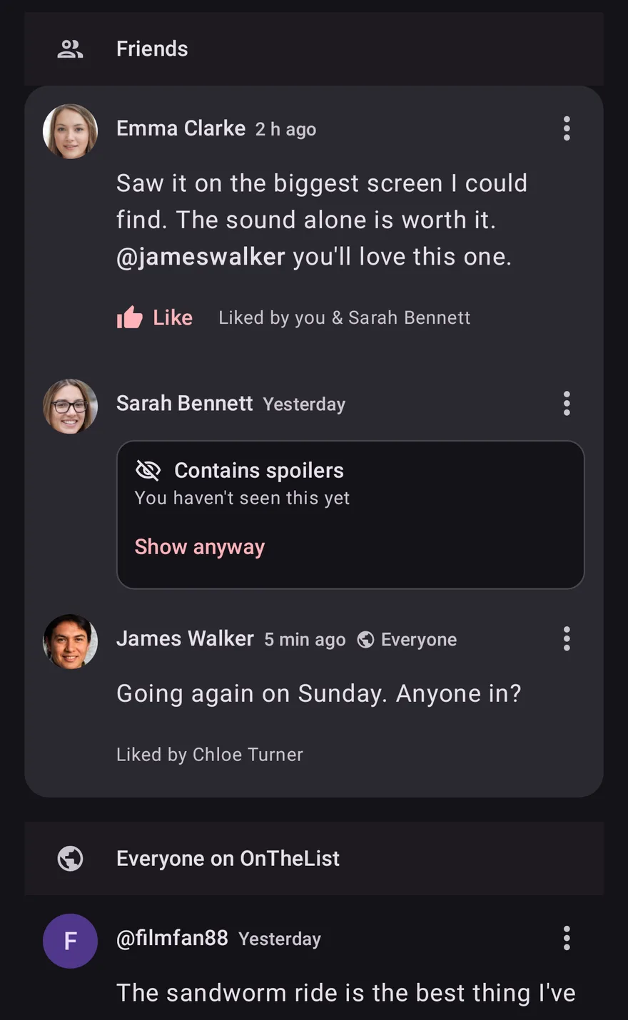 Comments for Dune: Part Two on Android: friends' comments first, one hidden behind a spoiler warning, then a comment from everyone on OnTheList.