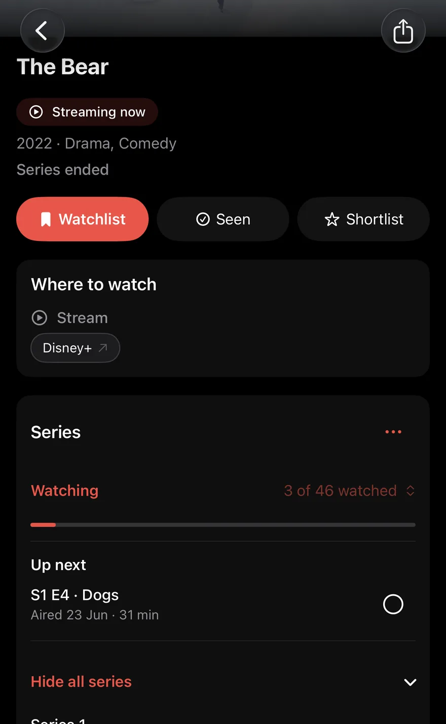 The Series section for The Bear: 3 of 46 episodes watched, with S1 E4 up next.