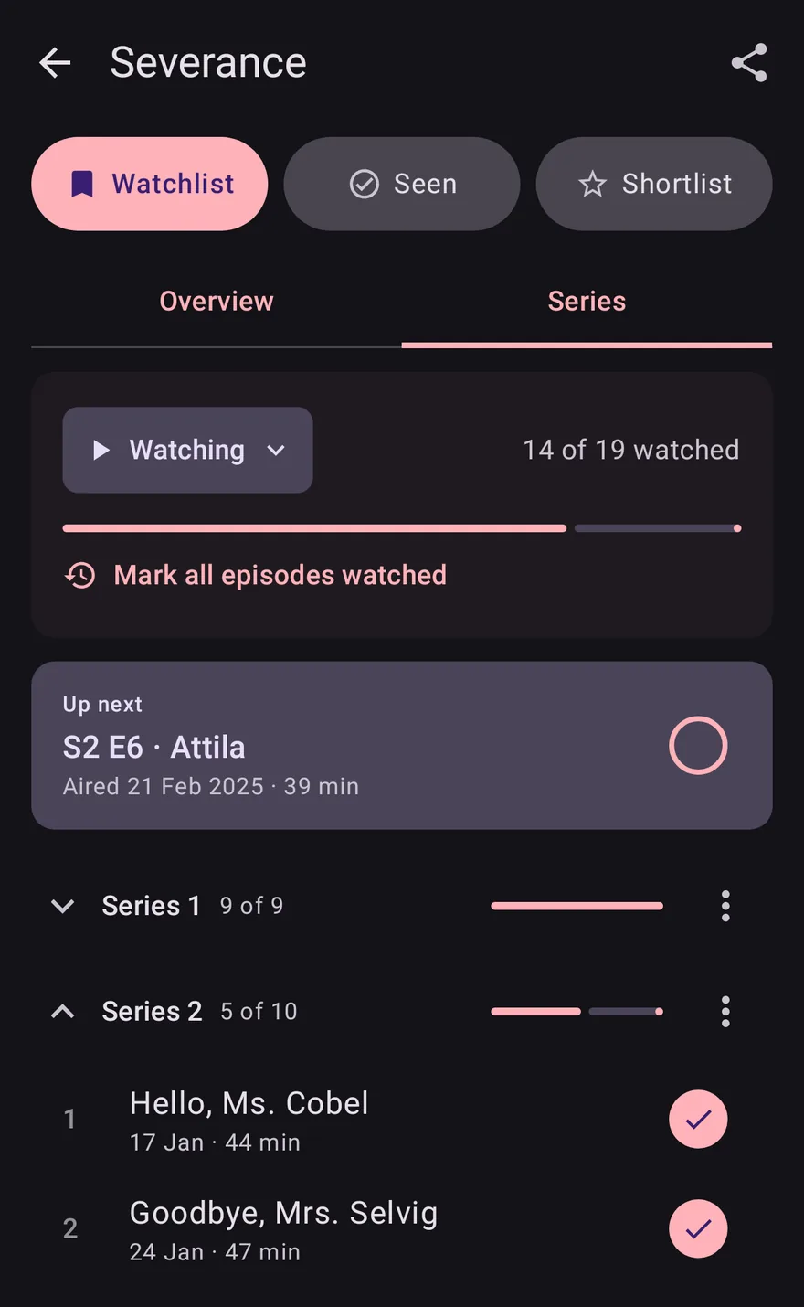 The Series tab for Severance on Android: 14 of 19 episodes watched, with S2 E6 up next.