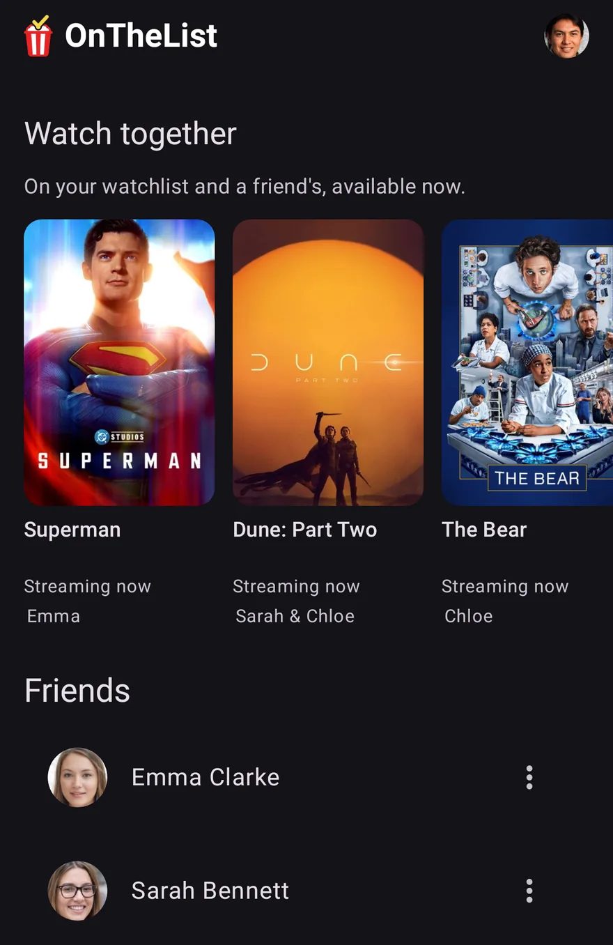 Watch together: titles on your watchlist and a friend's that are available now, above the list of friends.